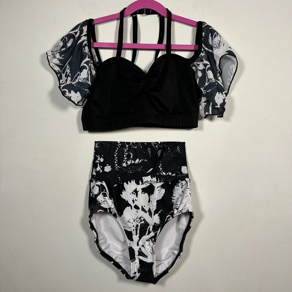 Alexandra Just For Kix Dance Costume Black White Floral Crop Top Briefs adult XS
